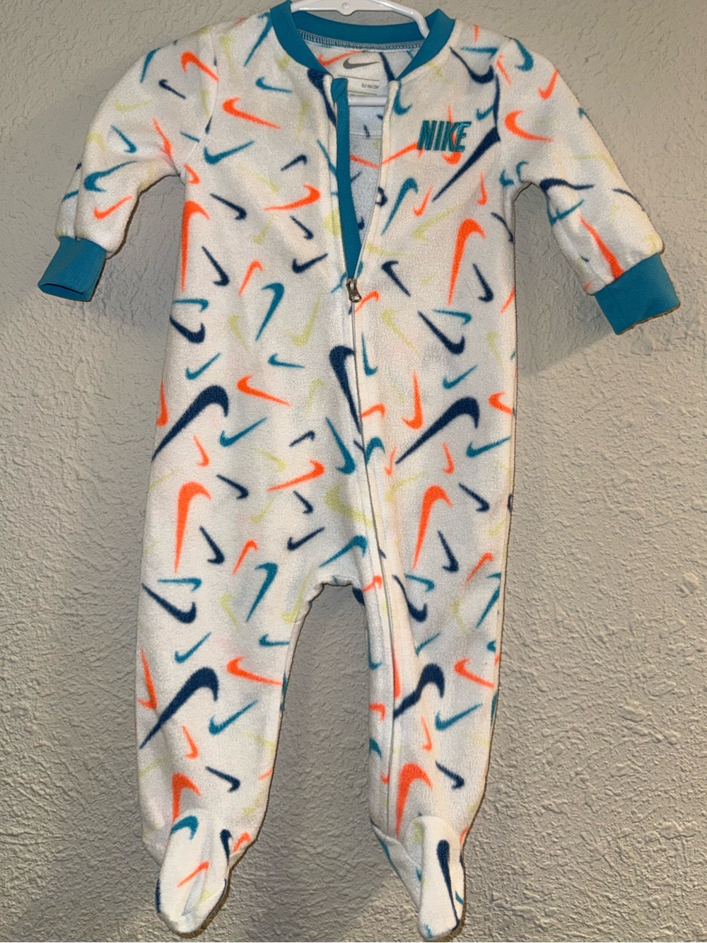 Nike White Fleece Footed One-Piece with Teal and Orange Swooshes